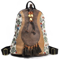 National Style Printed Tassel Backpack PU Leather Shoulder Bag For Women