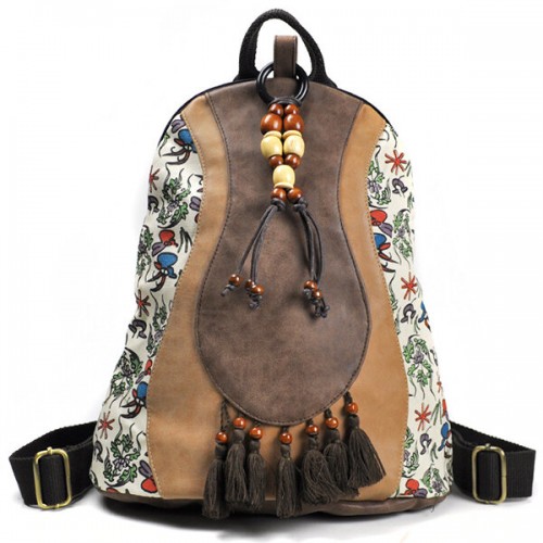 National Style Printed Tassel Backpack PU Leather Shoulder Bag For Women