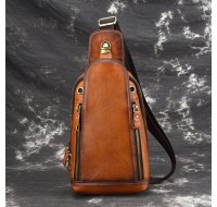 Men Brushed Vintage Genuine Leather Chest Bag Shoulder Bag Crossbody Bag