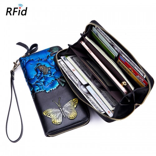 Brenice Embossed Rose RFID Wallets Retro Butterfly Clutches Bags 8 Card Holder